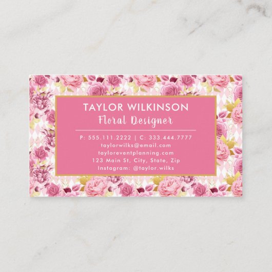 Pink and Gold Floral Roses with Harlequin Diamonds Visitekaartje (Achterkant)