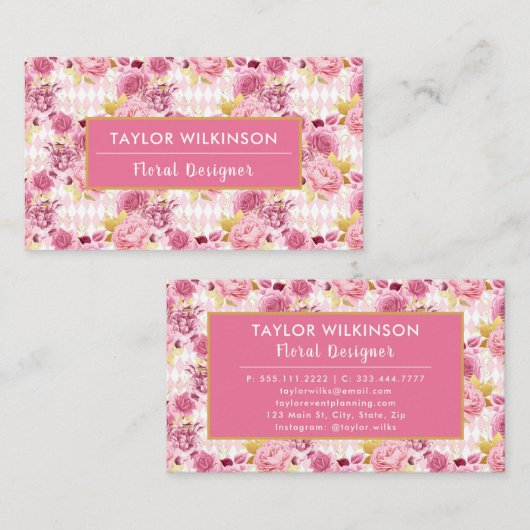 Pink and Gold Floral Roses with Harlequin Diamonds Visitekaartje (Voorkant / Achterkant)