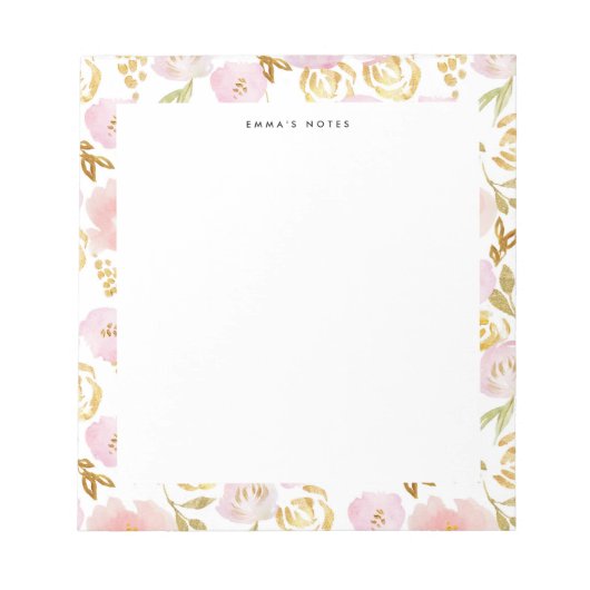 Pink and Gold Foil Floral Pattern, gepersonaliseer Notitieblok (Voorkant)