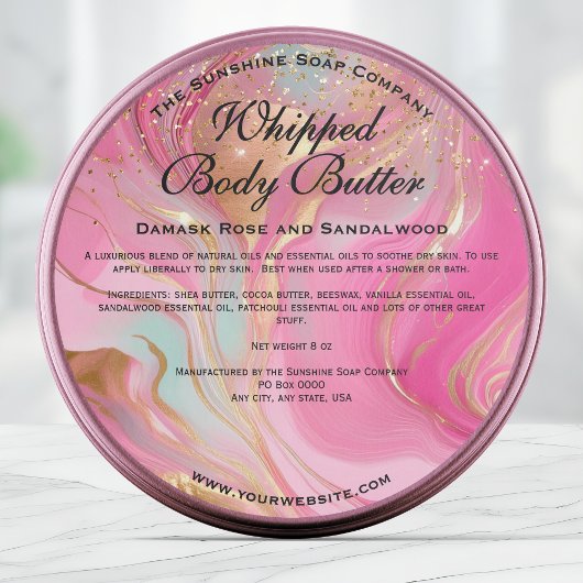 Pink and Gold Glitter Body Butter Jar Label