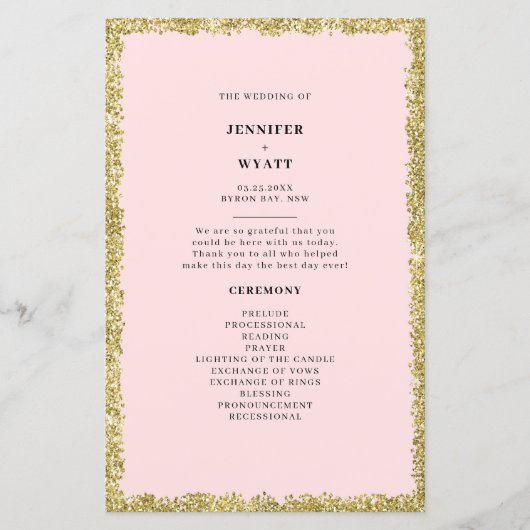 Pink and Gold Glitter Wedding Program (Voorkant)