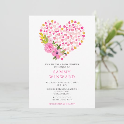 Pink and Gold Hearts Valentijn Baby shower Kaart (Staand voorkant)