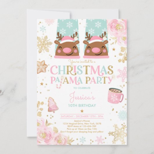 Pink and Gold Kerstmis Pajama Birthday Party Kaart (Voorkant)