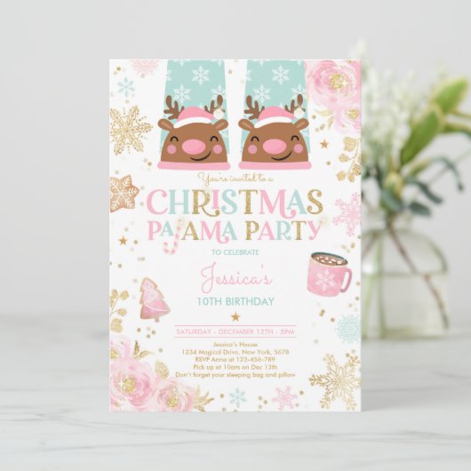 Pink and Gold Kerstmis Pajama Birthday Party Kaart (Staand voorkant)