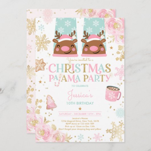 Pink and Gold Kerstmis Pajama Birthday Party Kaart (Voorkant / Achterkant)