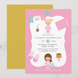 Pink and Gold Pajama Pancake Girl Birthday Party Kaart