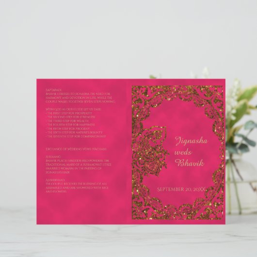 Pink and Gold Peacock Hindu Wedding Programme (Staand voorkant)