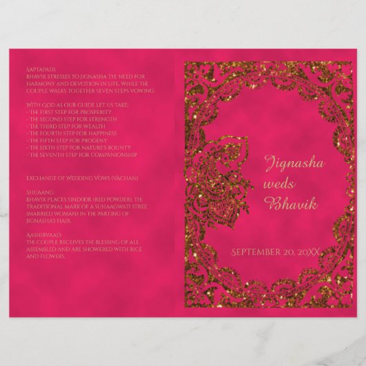 Pink and Gold Peacock Hindu Wedding Programme (Voorkant)