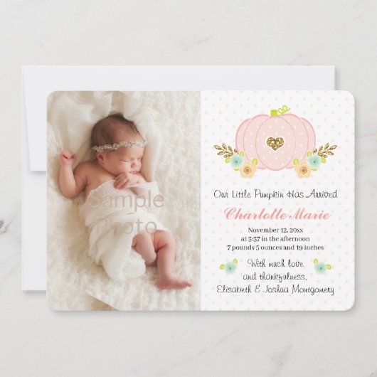 Pink and Gold Pumpkin Baby Geboorteaankondiging Aankondiging (Voorkant)