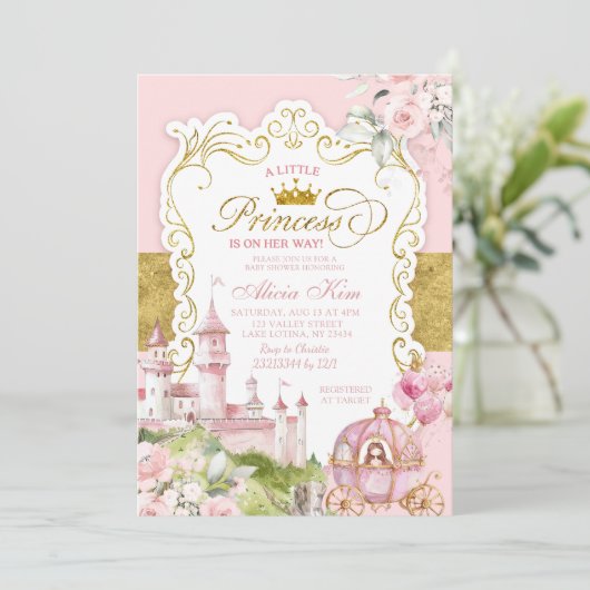 Pink and Gold Royal Princess Baby Shower  Kaart (Staand voorkant)