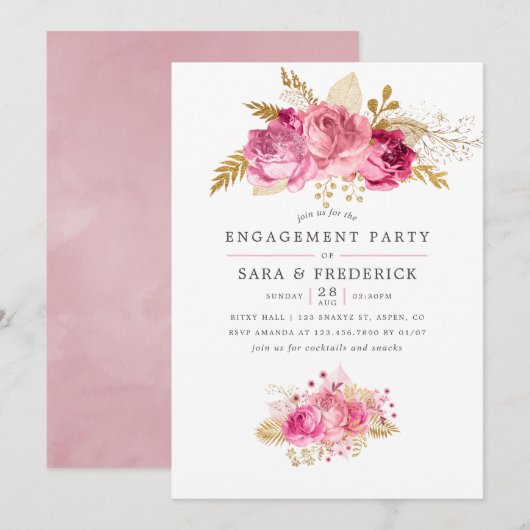 Pink and Gold Rozen Waterverf Engagement Party Kaart (Voorkant / Achterkant)