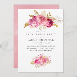 Pink and Gold Rozen Waterverf Engagement Party Kaart