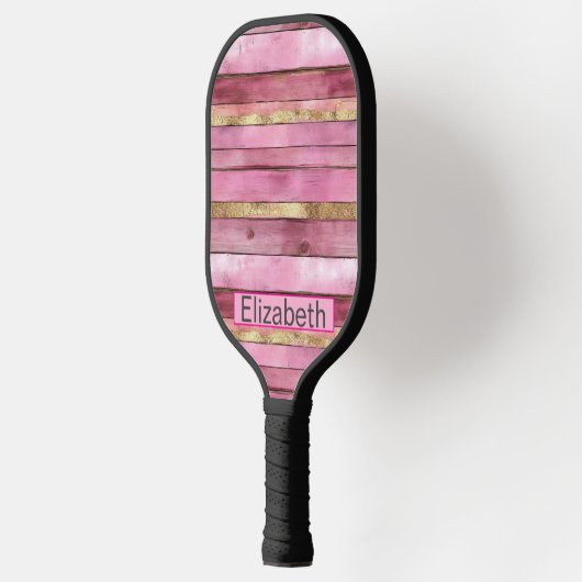 Pink and Gold Rustic Faux Wood Personalized Pickleball Paddle (Links)