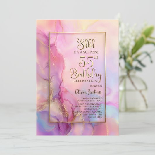 Pink and Gold Surprise 55th Birthday Party Kaart (Staand voorkant)