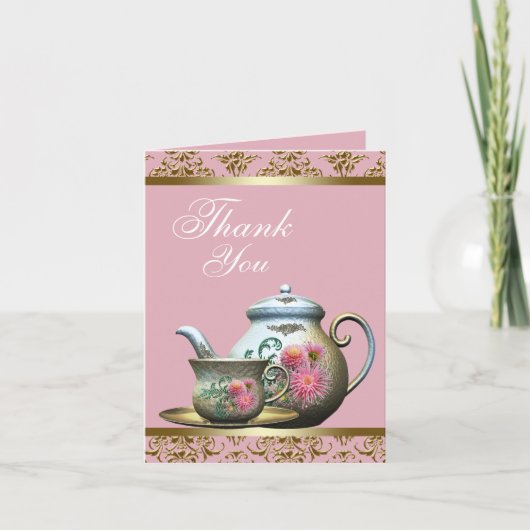 Pink and Gold Teapot and Tea Cup Thank You Cards Bedankkaart (Voorkant)