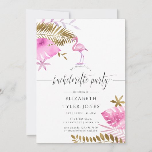 Pink and Gold Tropical Flamingo Bachelorette Party Kaart (Voorkant)
