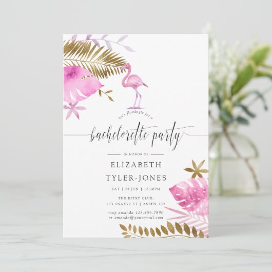 Pink and Gold Tropical Flamingo Bachelorette Party Kaart (Staand voorkant)
