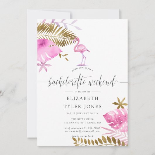 Pink and Gold Tropical Flamingo Bachelorette Party Kaart (Voorkant)