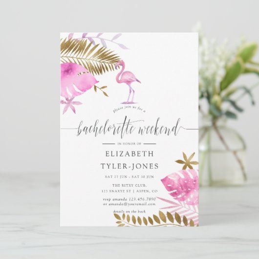 Pink and Gold Tropical Flamingo Bachelorette Party Kaart (Staand voorkant)