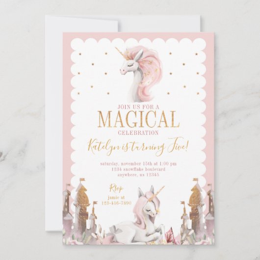 Pink and Gold Unicorn Birthday Invitation Magical Kaart (Voorkant)