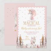 Pink and Gold Unicorn Birthday Invitation Magical Kaart (Voorkant / Achterkant)