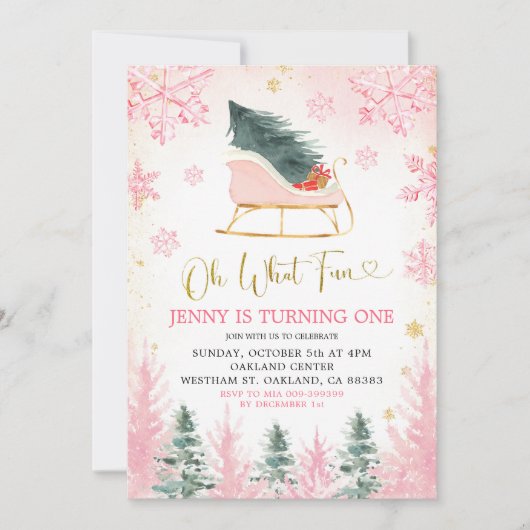 Pink and Gold Winter Sleigh First Birthday Invite Kaart (Voorkant)
