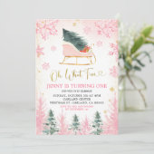 Pink and Gold Winter Sleigh First Birthday Invite Kaart (Staand voorkant)