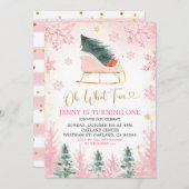 Pink and Gold Winter Sleigh First Birthday Invite Kaart (Voorkant / Achterkant)