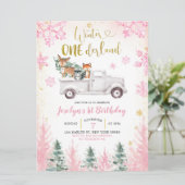 Pink and Gold Winter Woodland Truck First Birthday Kaart (Staand voorkant)