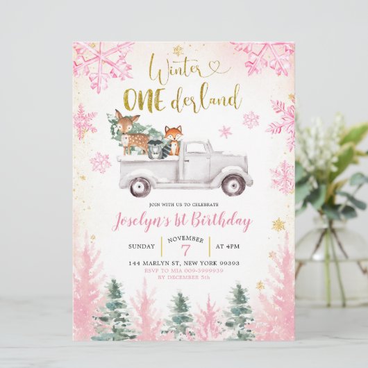 Pink and Gold Winter Woodland Truck First Birthday Kaart (Staand voorkant)