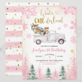 Pink and Gold Winter Woodland Truck First Birthday Kaart (Voorkant / Achterkant)