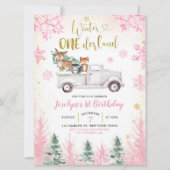 Pink and Gold Winter Woodland Truck First Birthday Kaart (Voorkant)