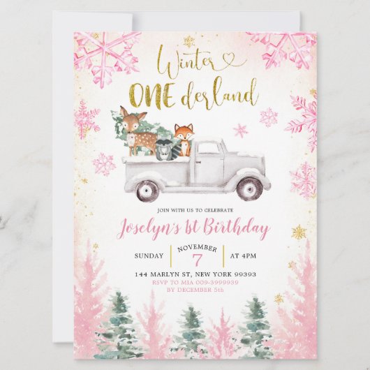 Pink and Gold Winter Woodland Truck First Birthday Kaart (Voorkant)