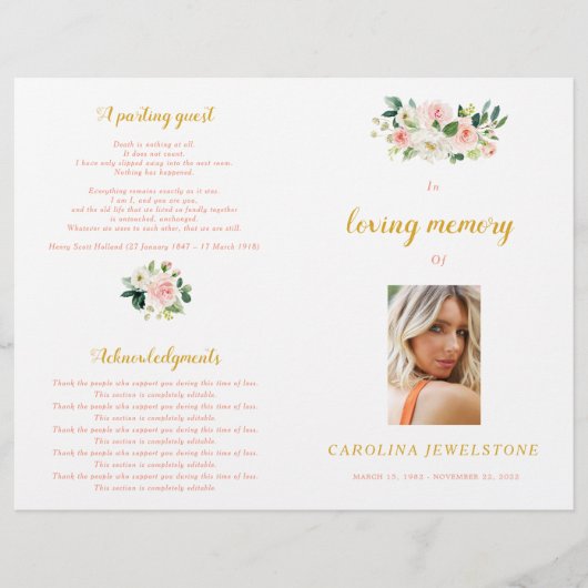 Pink And Gold Woman Celebration Of Life Program (Voorkant)