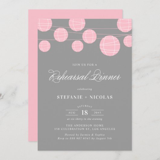 PINK AND GRAY LANTERNS REHEARSAL DINER INVITATION KAART (Voorkant / Achterkant)
