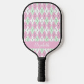 Pink and green argyle preppy custom name modern pickleball paddle (Achterkant)