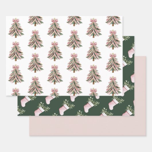 Pink and Green Brushstroke Christmas Flat Wrapping Inpakpapier Vel (Set)