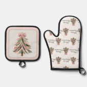 Pink and Green Brushstroke Christmas Tree Ovenwant & Pannenlap Set (Voorkant)