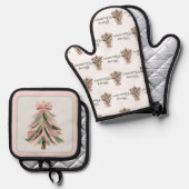 Pink and Green Brushstroke Christmas Tree Ovenwant & Pannenlap Set (Voorkant / Achterkant)