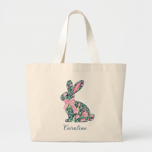 Pink and Green Chinoiserie Bunny With Bow Grote Tote Bag (Voorkant)