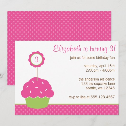 Pink and Green Cupcake Polka Dot Birthday Party Kaart (Voorkant / Achterkant)