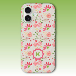 Pink and Green Floral Botanicals Monogram iPhone 16 Hoesje