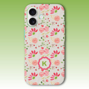 Pink and Green Floral Botanicals Monogram iPhone 16 Hoesje