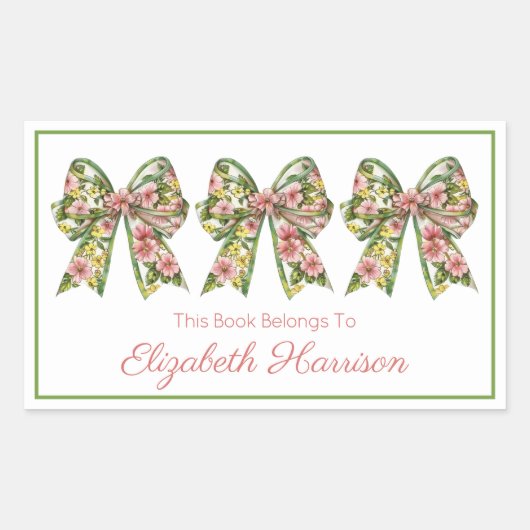 Pink and Green Floral Personalized Bookplate Rechthoekige Sticker (Voorkant)