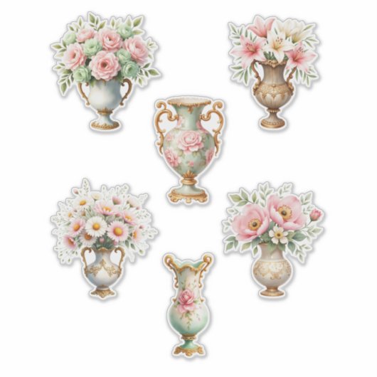 Pink and Green Floral Vase Sheet of Stickers (Voorkant)