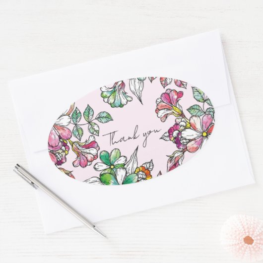 Pink and green flowers ovale sticker (Envelop)