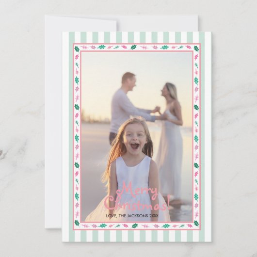Pink and Green Holly Leaves Border Family Photo Feestdagenkaart (Voorkant)