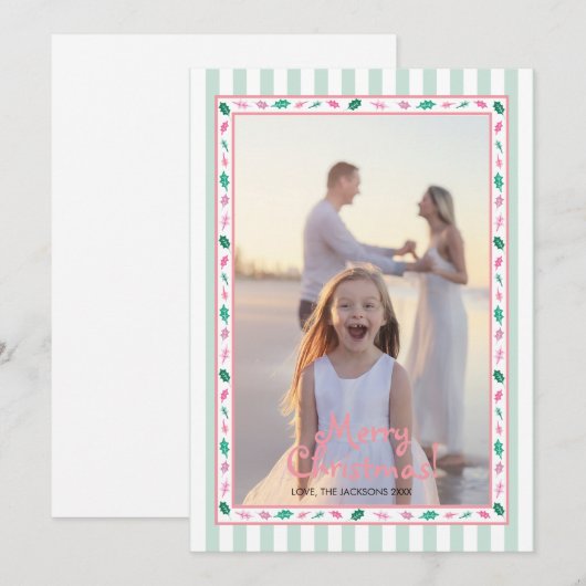 Pink and Green Holly Leaves Border Family Photo Feestdagenkaart (Voorkant / Achterkant)