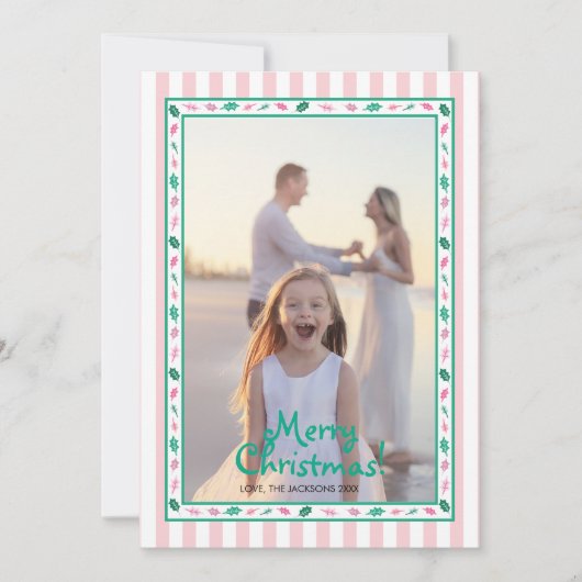 Pink and Green Holly Leaves Border Family Photo Feestdagenkaart (Voorkant)