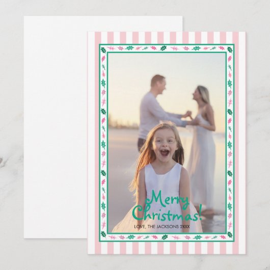 Pink and Green Holly Leaves Border Family Photo Feestdagenkaart (Voorkant / Achterkant)